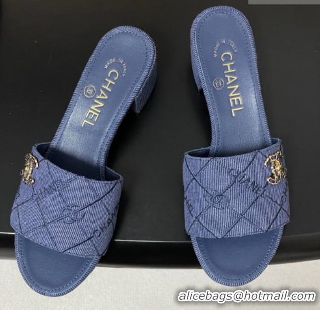 Sophisticated Chanel Quilted Cotton Heel Slides Sandal 5cm CH030902 Denim Blue 2026