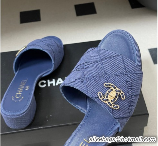 Sophisticated Chanel Quilted Cotton Heel Slides Sandal 5cm CH030902 Denim Blue 2026