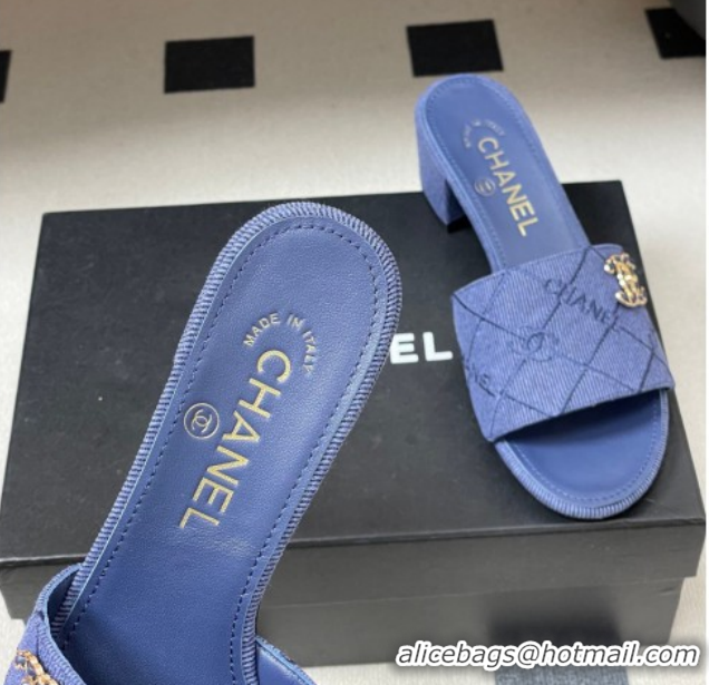 Sophisticated Chanel Quilted Cotton Heel Slides Sandal 5cm CH030902 Denim Blue 2026