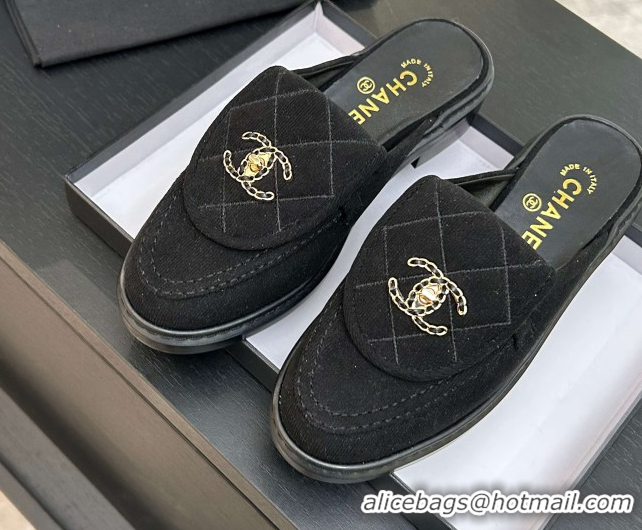 Classic Hot Chanel Corduroy Flat Mules with CC Foldover G47119 Black 2026