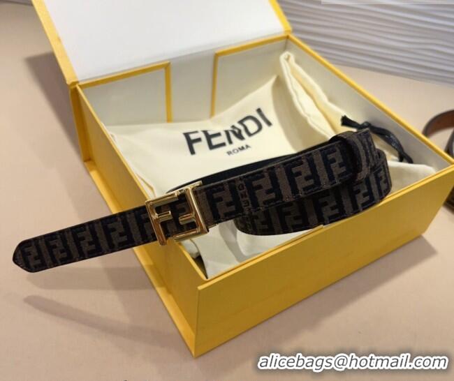 Good Quality Fendi FF Canvas and Calfskin Belt 2cm FE102201 Black/Shiny Gold 2024