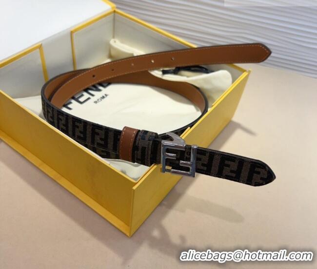 Shop Discount Fendi FF Canvas and Calfskin Belt 2cm FE102201 Brown/Silver 2024