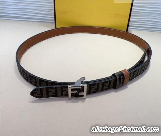 Shop Discount Fendi FF Canvas and Calfskin Belt 2cm FE102201 Brown/Silver 2024