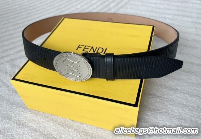 Top Quality Fendi Men's Striped Calfskin Belt 3.4cm 0315 Black/Silver 2025