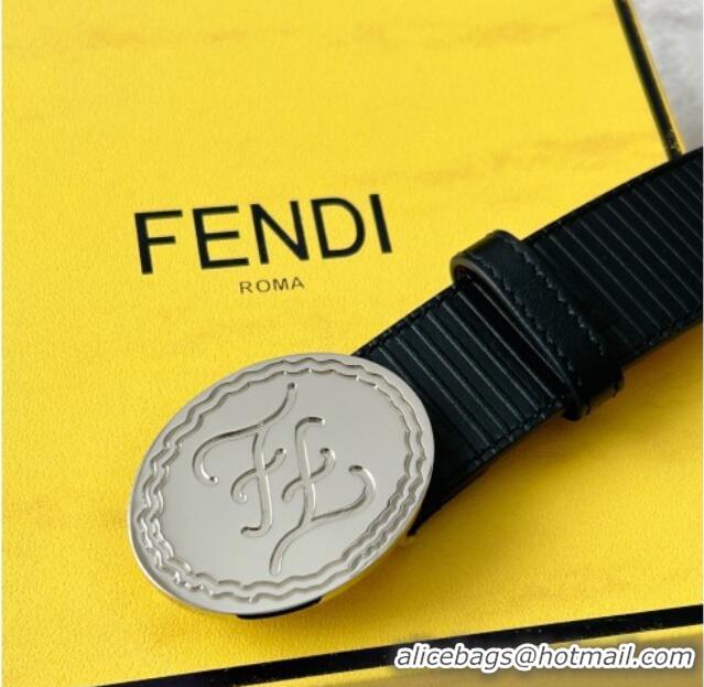 Top Quality Fendi Men's Striped Calfskin Belt 3.4cm 0315 Black/Silver 2025