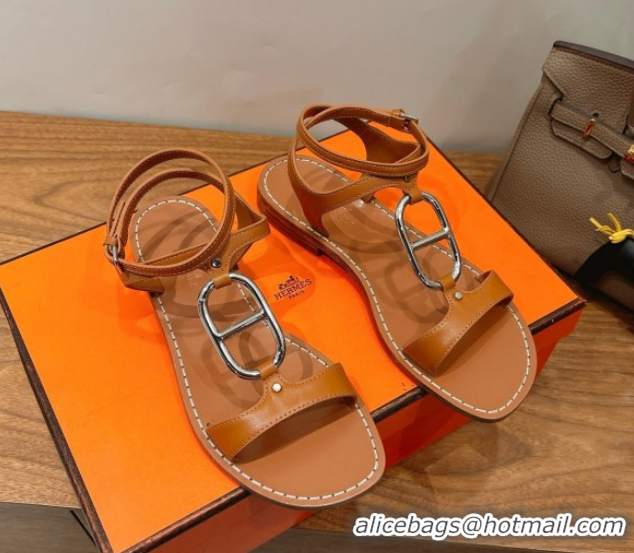 Pretty Style Hermes Marinella Flat Sandals in Calfskin Leather with Chaine d'Ancre Buckle 0304001 Brown 2026
