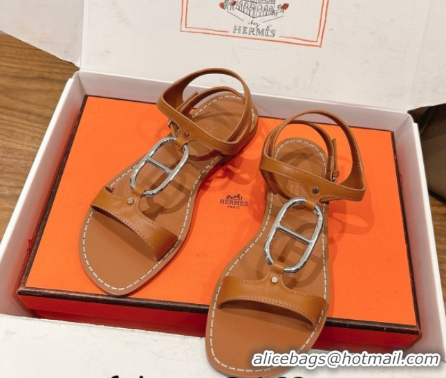 Pretty Style Hermes Marinella Flat Sandals in Calfskin Leather with Chaine d'Ancre Buckle 0304001 Brown 2026