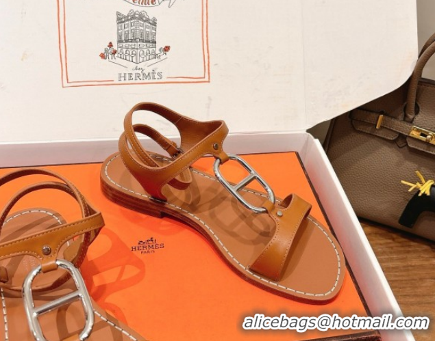 Pretty Style Hermes Marinella Flat Sandals in Calfskin Leather with Chaine d'Ancre Buckle 0304001 Brown 2026