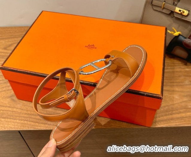 Pretty Style Hermes Marinella Flat Sandals in Calfskin Leather with Chaine d'Ancre Buckle 0304001 Brown 2026