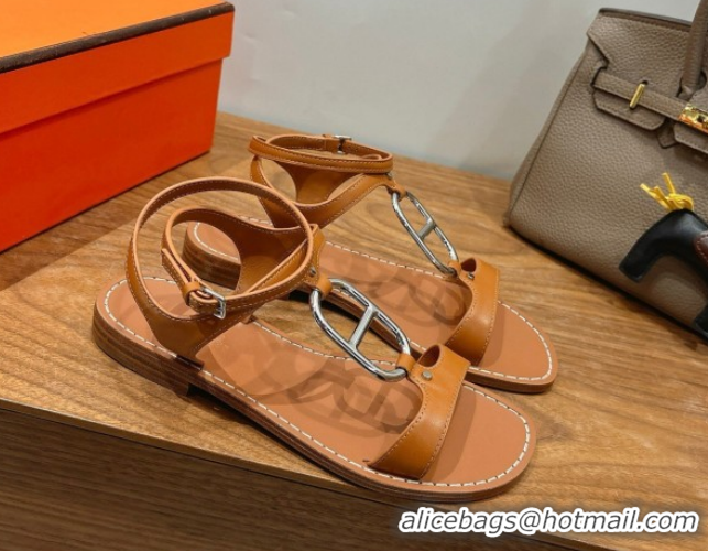 Pretty Style Hermes Marinella Flat Sandals in Calfskin Leather with Chaine d'Ancre Buckle 0304001 Brown 2026
