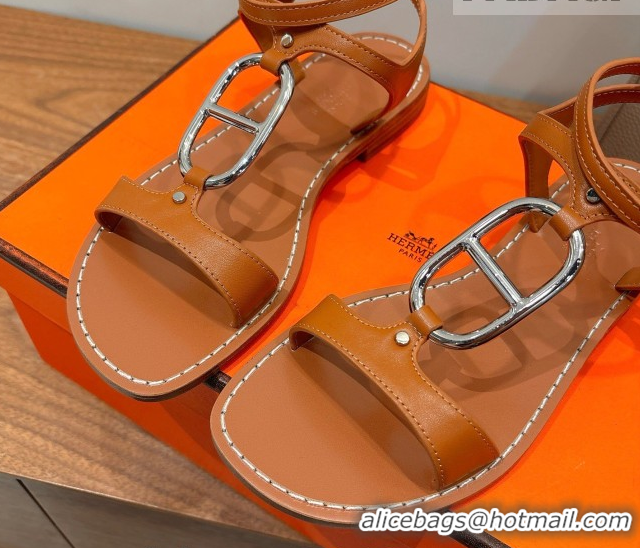 Pretty Style Hermes Marinella Flat Sandals in Calfskin Leather with Chaine d'Ancre Buckle 0304001 Brown 2026