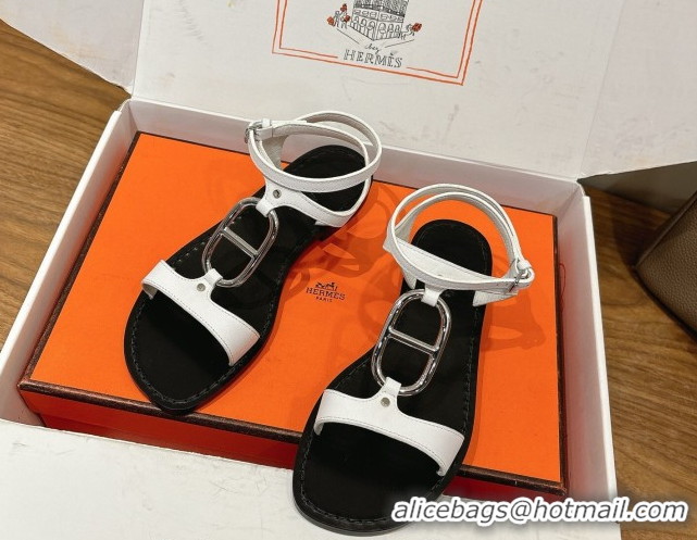 Top Design Hermes Marinella Flat Sandals in Calfskin Leather with Chaine d'Ancre Buckle 0304001 White 2026