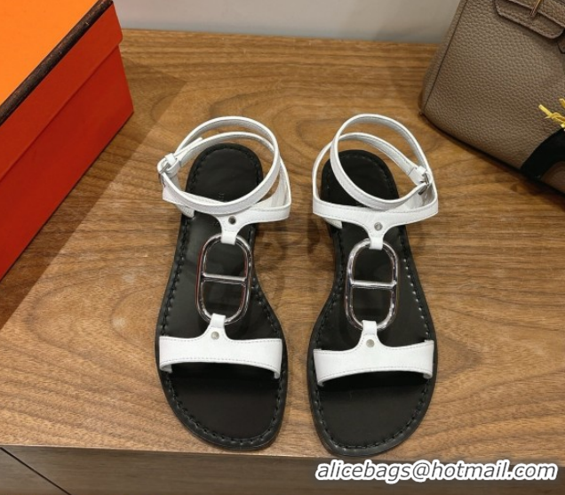 Top Design Hermes Marinella Flat Sandals in Calfskin Leather with Chaine d'Ancre Buckle 0304001 White 2026