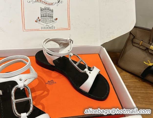 Top Design Hermes Marinella Flat Sandals in Calfskin Leather with Chaine d'Ancre Buckle 0304001 White 2026