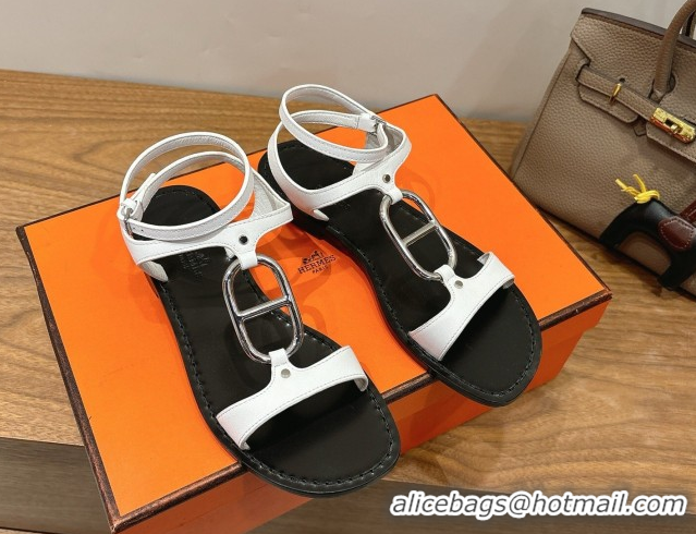 Top Design Hermes Marinella Flat Sandals in Calfskin Leather with Chaine d'Ancre Buckle 0304001 White 2026