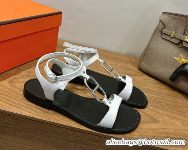 Top Design Hermes Marinella Flat Sandals in Calfskin Leather with Chaine d'Ancre Buckle 0304001 White 2026