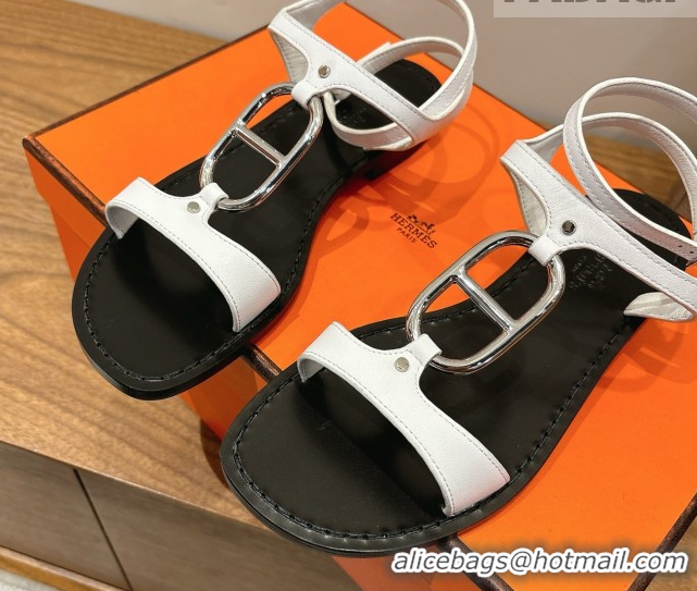 Top Design Hermes Marinella Flat Sandals in Calfskin Leather with Chaine d'Ancre Buckle 0304001 White 2026