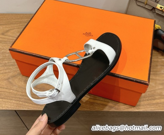 Top Design Hermes Marinella Flat Sandals in Calfskin Leather with Chaine d'Ancre Buckle 0304001 White 2026