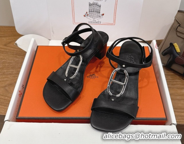 Best Product Hermes Marinella Heel Sandals 5cm in Calfskin Leather with Chaine d'Ancre Buckle 6030400 Black 2026 