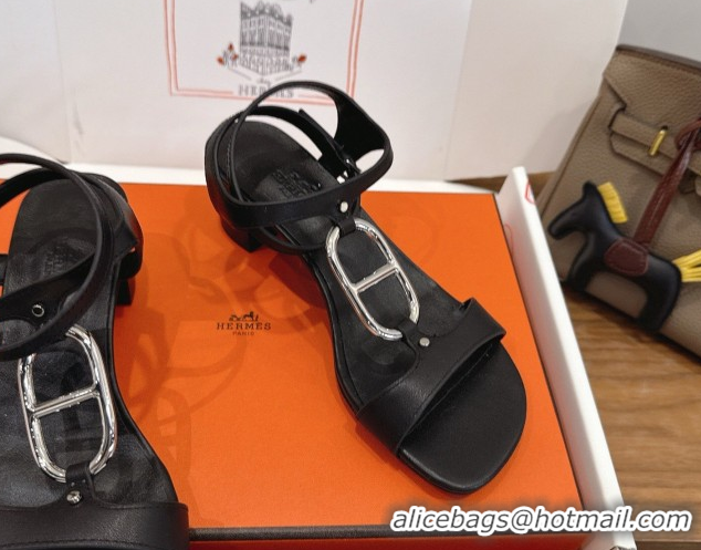 Best Product Hermes Marinella Heel Sandals 5cm in Calfskin Leather with Chaine d'Ancre Buckle 6030400 Black 2026 