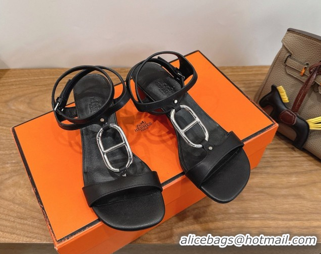 Best Product Hermes Marinella Heel Sandals 5cm in Calfskin Leather with Chaine d'Ancre Buckle 6030400 Black 2026 
