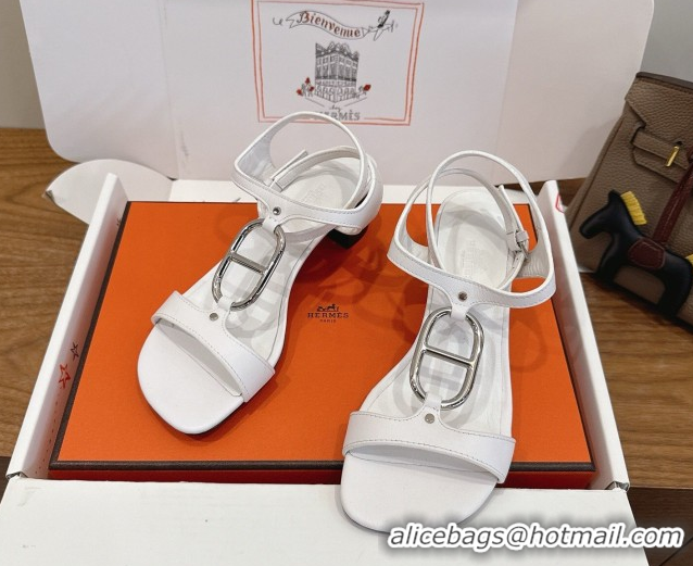 Shop Duplicate Hermes Marinella Heel Sandals 5cm in Calfskin Leather with Chaine d'Ancre Buckle 6030400 White 2026 