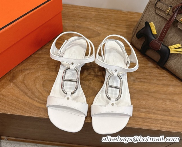Shop Duplicate Hermes Marinella Heel Sandals 5cm in Calfskin Leather with Chaine d'Ancre Buckle 6030400 White 2026 