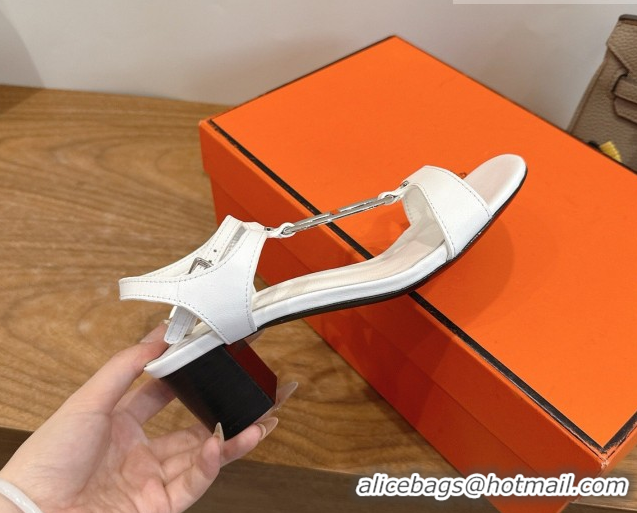 Shop Duplicate Hermes Marinella Heel Sandals 5cm in Calfskin Leather with Chaine d'Ancre Buckle 6030400 White 2026 