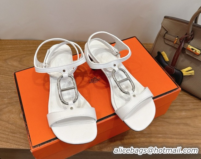 Shop Duplicate Hermes Marinella Heel Sandals 5cm in Calfskin Leather with Chaine d'Ancre Buckle 6030400 White 2026 
