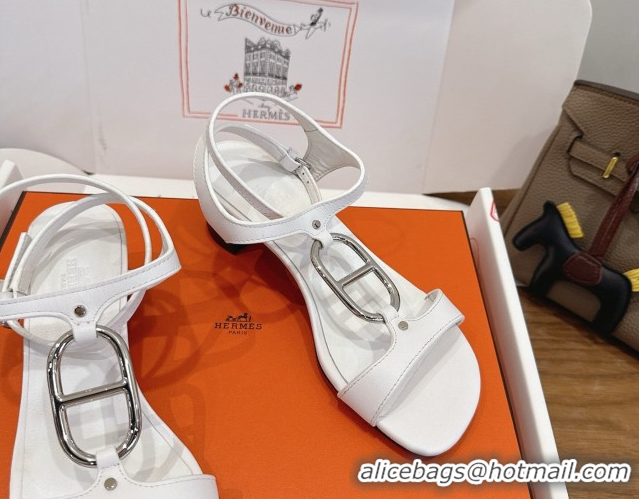 Shop Duplicate Hermes Marinella Heel Sandals 5cm in Calfskin Leather with Chaine d'Ancre Buckle 6030400 White 2026 