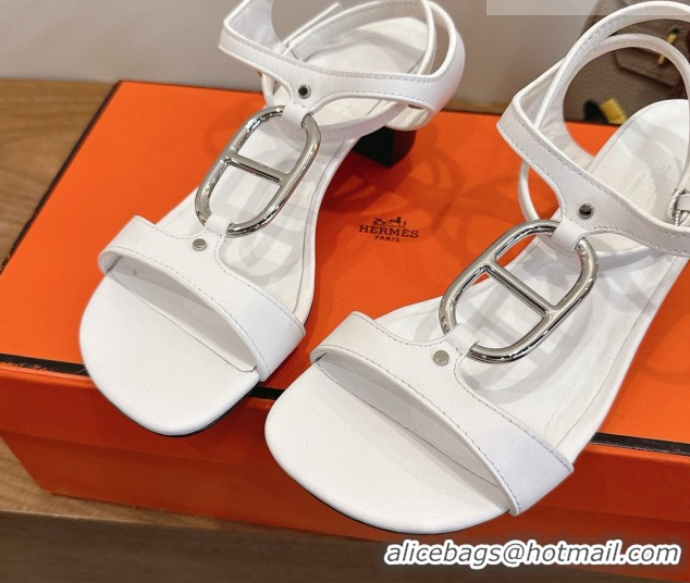 Shop Duplicate Hermes Marinella Heel Sandals 5cm in Calfskin Leather with Chaine d'Ancre Buckle 6030400 White 2026 