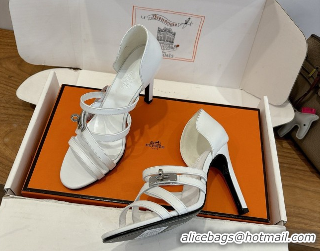 Durable Hermes Lipstick Heel Sandals 10.5cm with Kelly Buckle in Calfskin Leather 0304007 White 2026
