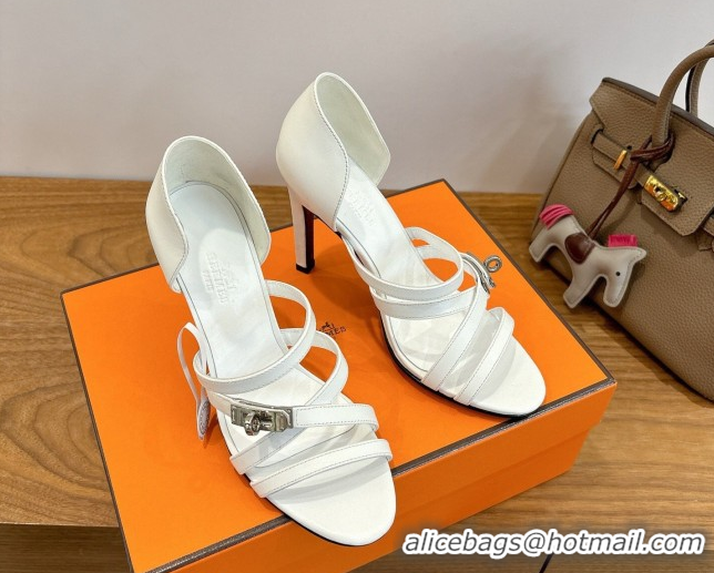 Durable Hermes Lipstick Heel Sandals 10.5cm with Kelly Buckle in Calfskin Leather 0304007 White 2026