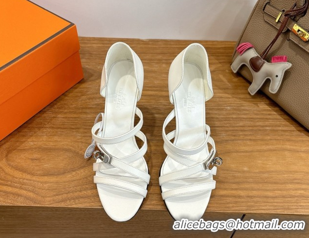 Durable Hermes Lipstick Heel Sandals 10.5cm with Kelly Buckle in Calfskin Leather 0304007 White 2026