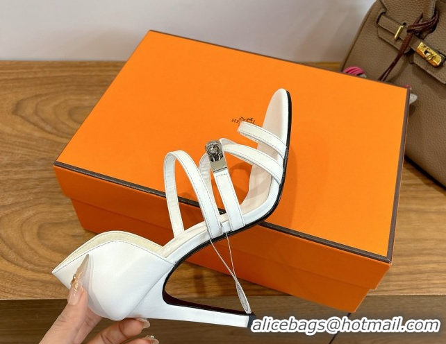 Durable Hermes Lipstick Heel Sandals 10.5cm with Kelly Buckle in Calfskin Leather 0304007 White 2026