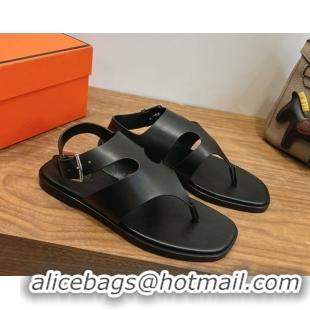 Best Grade Hermes Karen Flat Thong Sandals in Calfskin Leather Black 2026 0304012