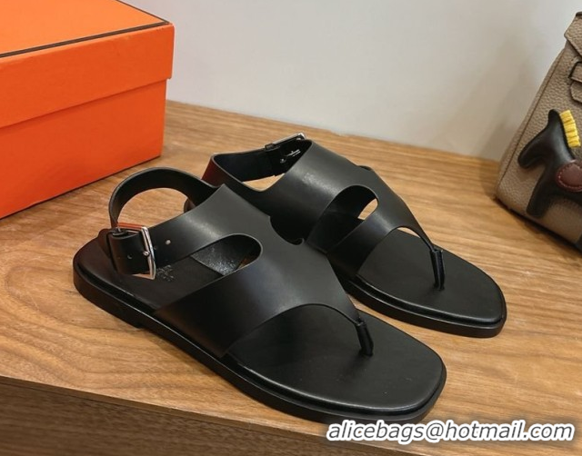 Best Grade Hermes Karen Flat Thong Sandals in Calfskin Leather Black 2026 0304012