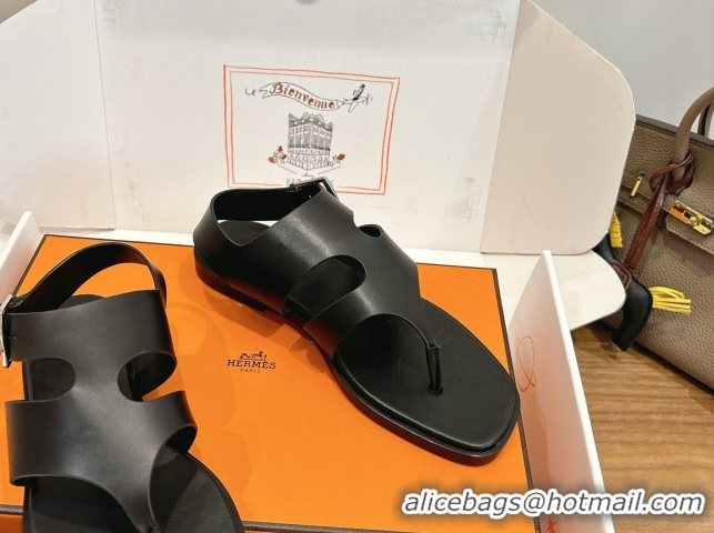 Best Grade Hermes Karen Flat Thong Sandals in Calfskin Leather Black 2026 0304012