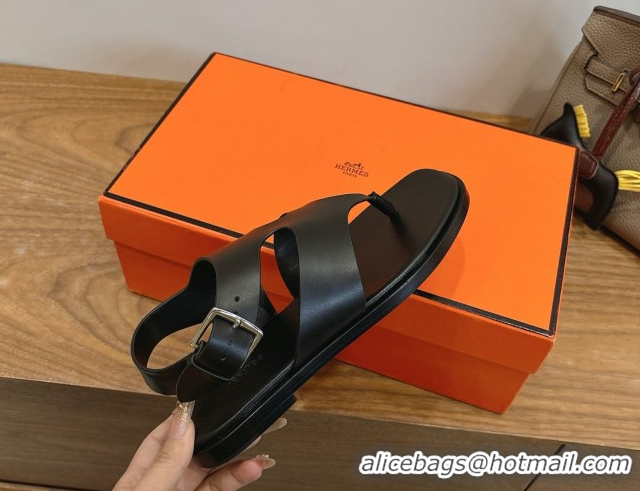 Best Grade Hermes Karen Flat Thong Sandals in Calfskin Leather Black 2026 0304012