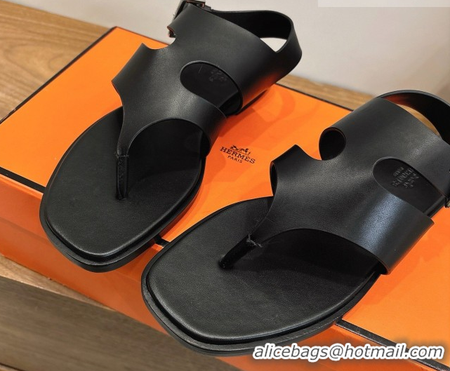 Best Grade Hermes Karen Flat Thong Sandals in Calfskin Leather Black 2026 0304012