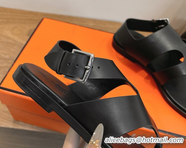 Best Grade Hermes Karen Flat Thong Sandals in Calfskin Leather Black 2026 0304012