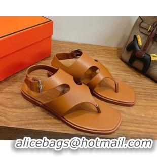 Luxurious Hermes Karen Flat Thong Sandals in Calfskin Leather Brown 2026 0304013