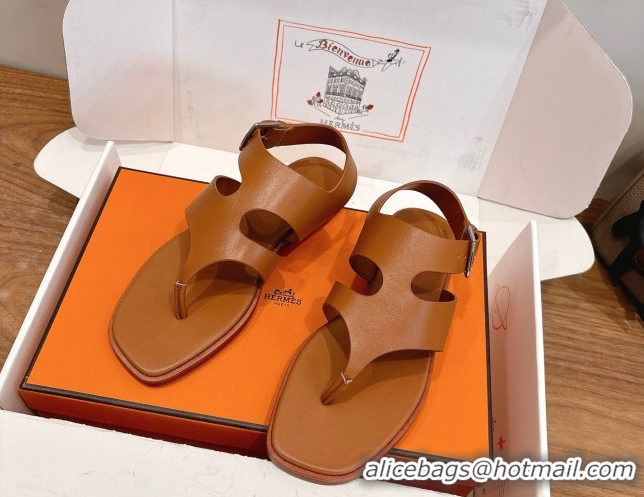 Luxurious Hermes Karen Flat Thong Sandals in Calfskin Leather Brown 2026 0304013