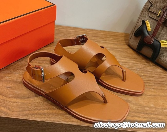 Luxurious Hermes Karen Flat Thong Sandals in Calfskin Leather Brown 2026 0304013