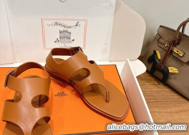 Luxurious Hermes Karen Flat Thong Sandals in Calfskin Leather Brown 2026 0304013