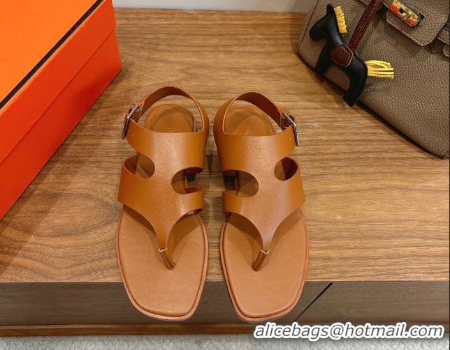 Luxurious Hermes Karen Flat Thong Sandals in Calfskin Leather Brown 2026 0304013