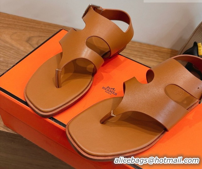 Luxurious Hermes Karen Flat Thong Sandals in Calfskin Leather Brown 2026 0304013