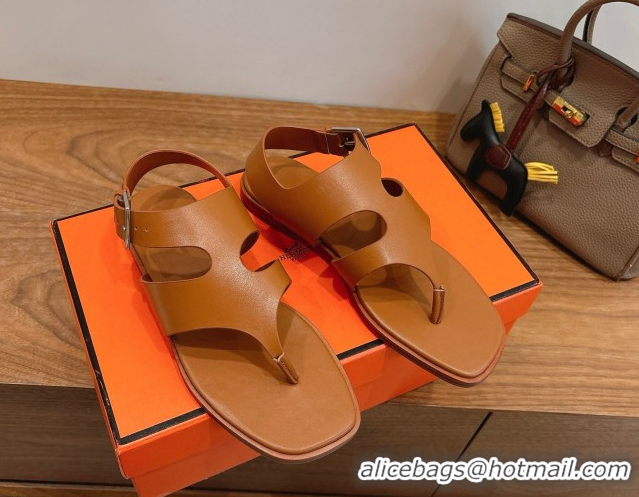 Luxurious Hermes Karen Flat Thong Sandals in Calfskin Leather Brown 2026 0304013