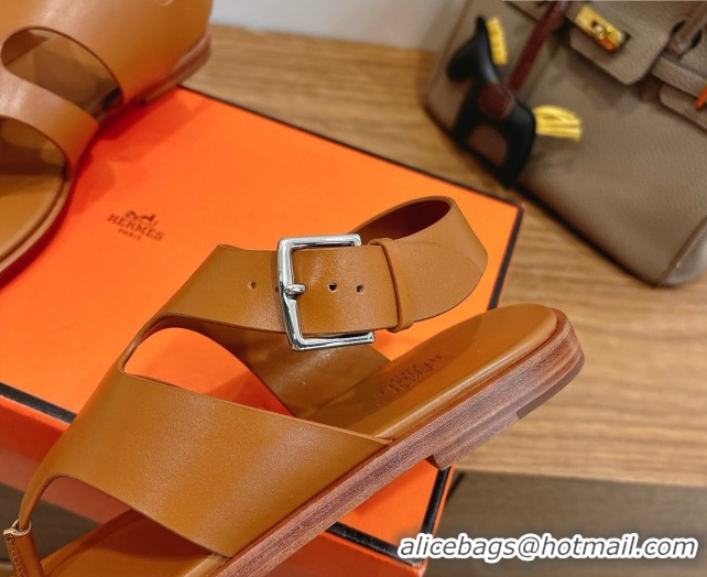 Luxurious Hermes Karen Flat Thong Sandals in Calfskin Leather Brown 2026 0304013
