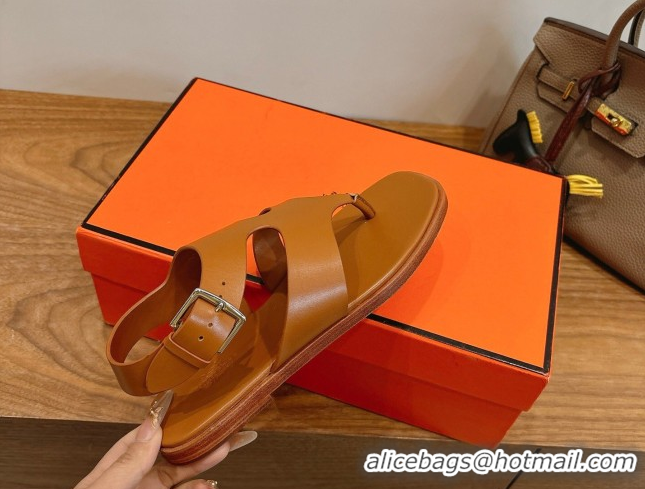 Luxurious Hermes Karen Flat Thong Sandals in Calfskin Leather Brown 2026 0304013
